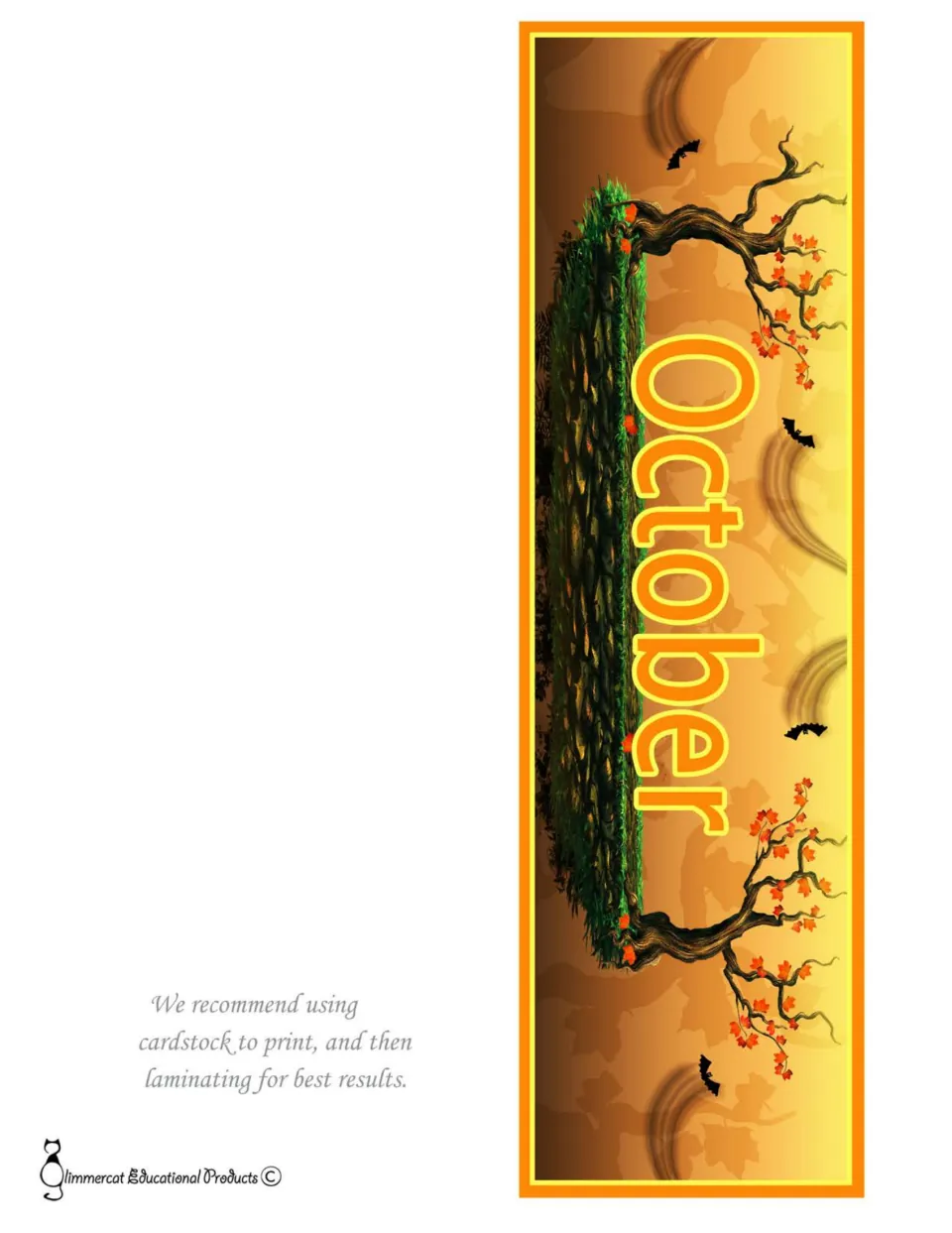 October month header sign: the word October in orange over an autumn scene of twisted trees, red leaves and flying bats