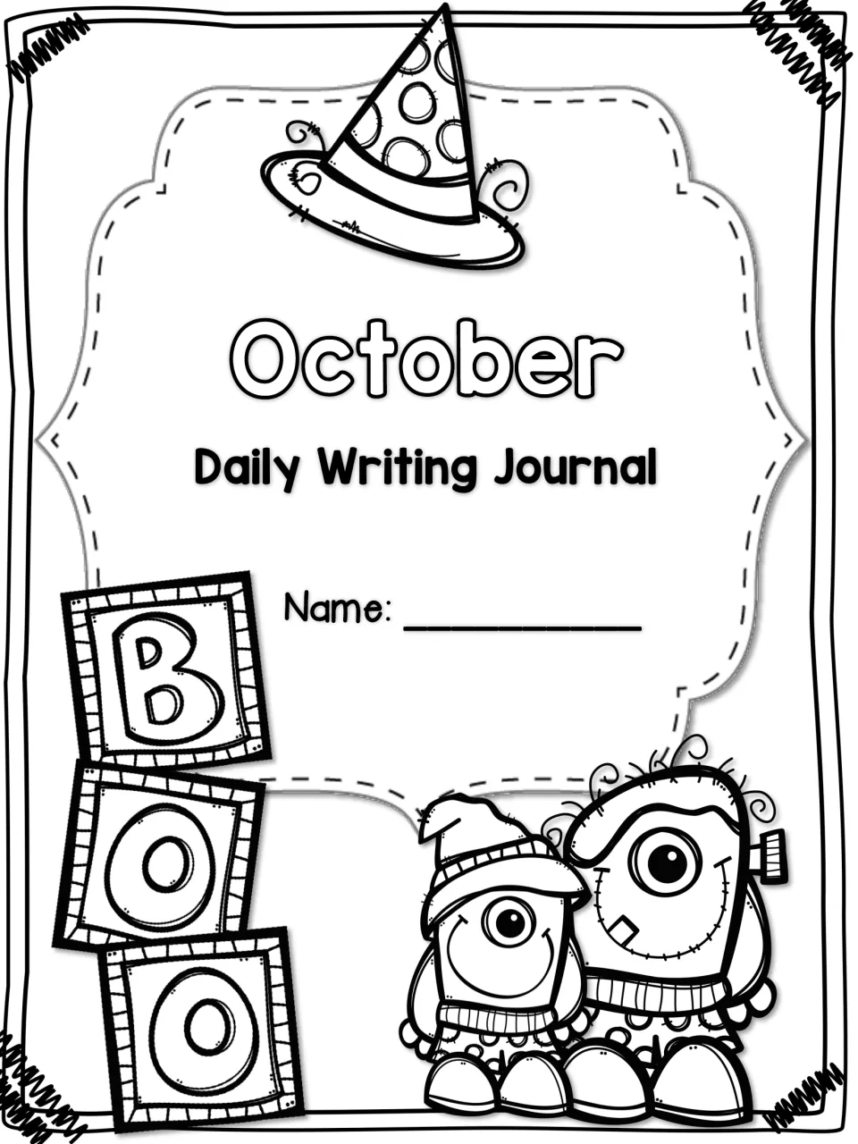 Black-and-white student cover for the October journal with a name line, witch hat, BOO letter blocks and two monsters