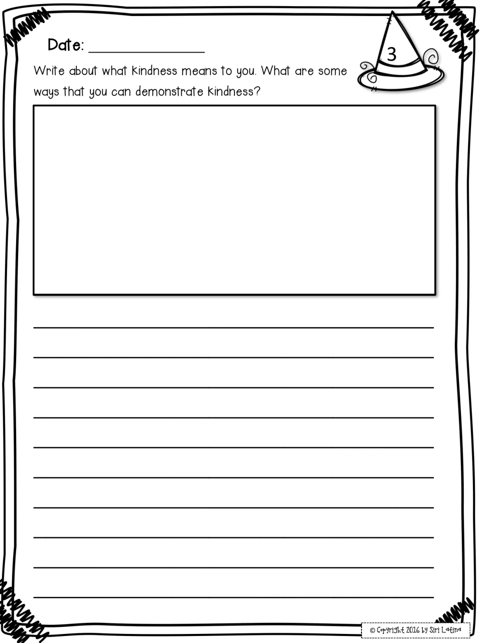 Prompt 3 on kindness: students explain what kindness means to them and list ways they can demonstrate it