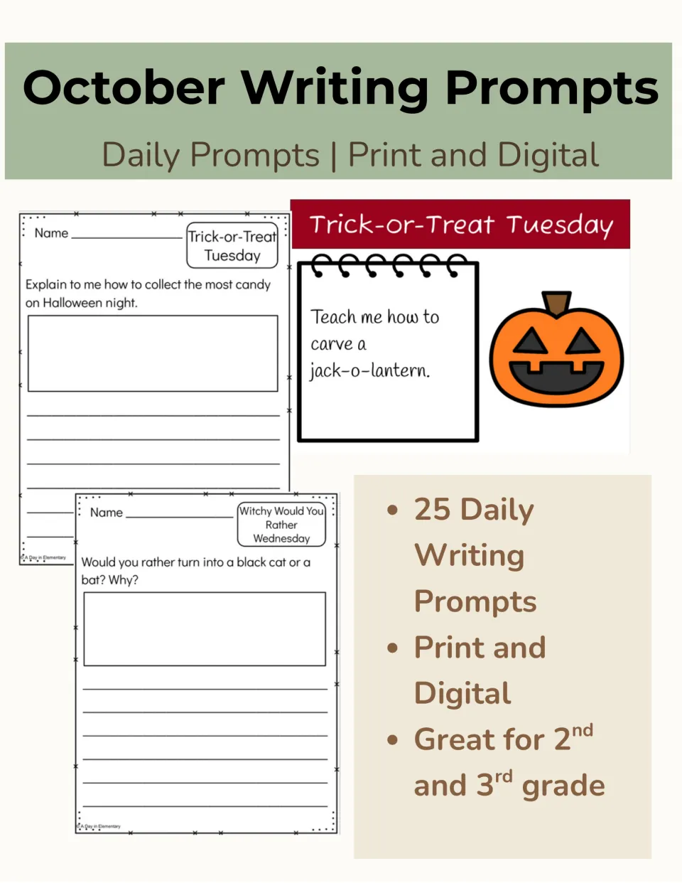 Cover for October daily prompts: 25 Halloween writing tasks in print and digital form, shown as sample pages and slides