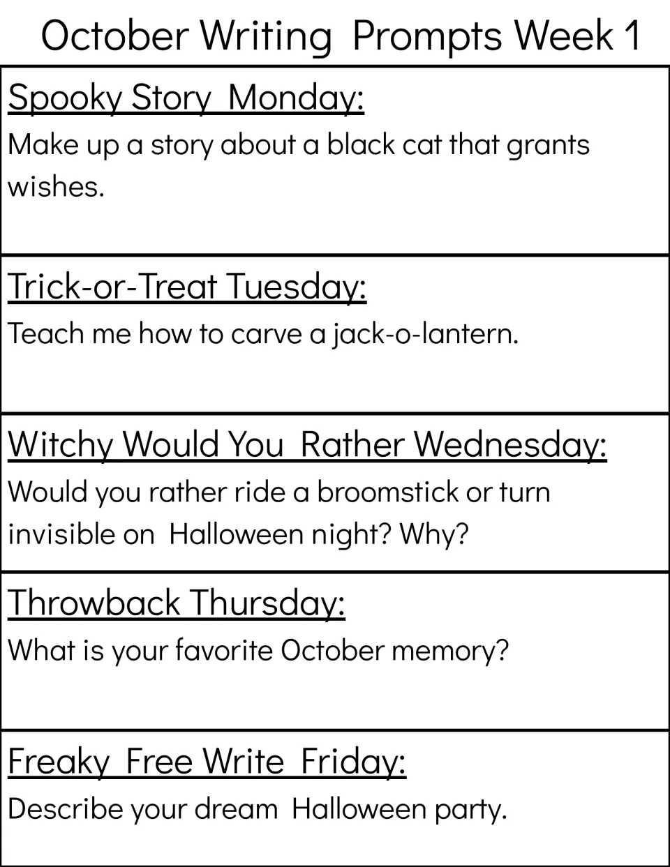 Week 1 prompts: students invent a wish-granting black cat story, explain carving a jack-o-lantern, recall a memory
