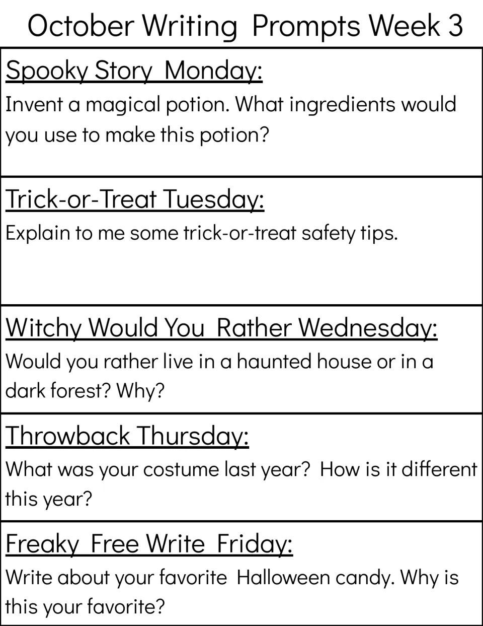 Week 3 prompts: students invent a magic potion, give trick-or-treat safety tips and choose a haunted house or dark forest