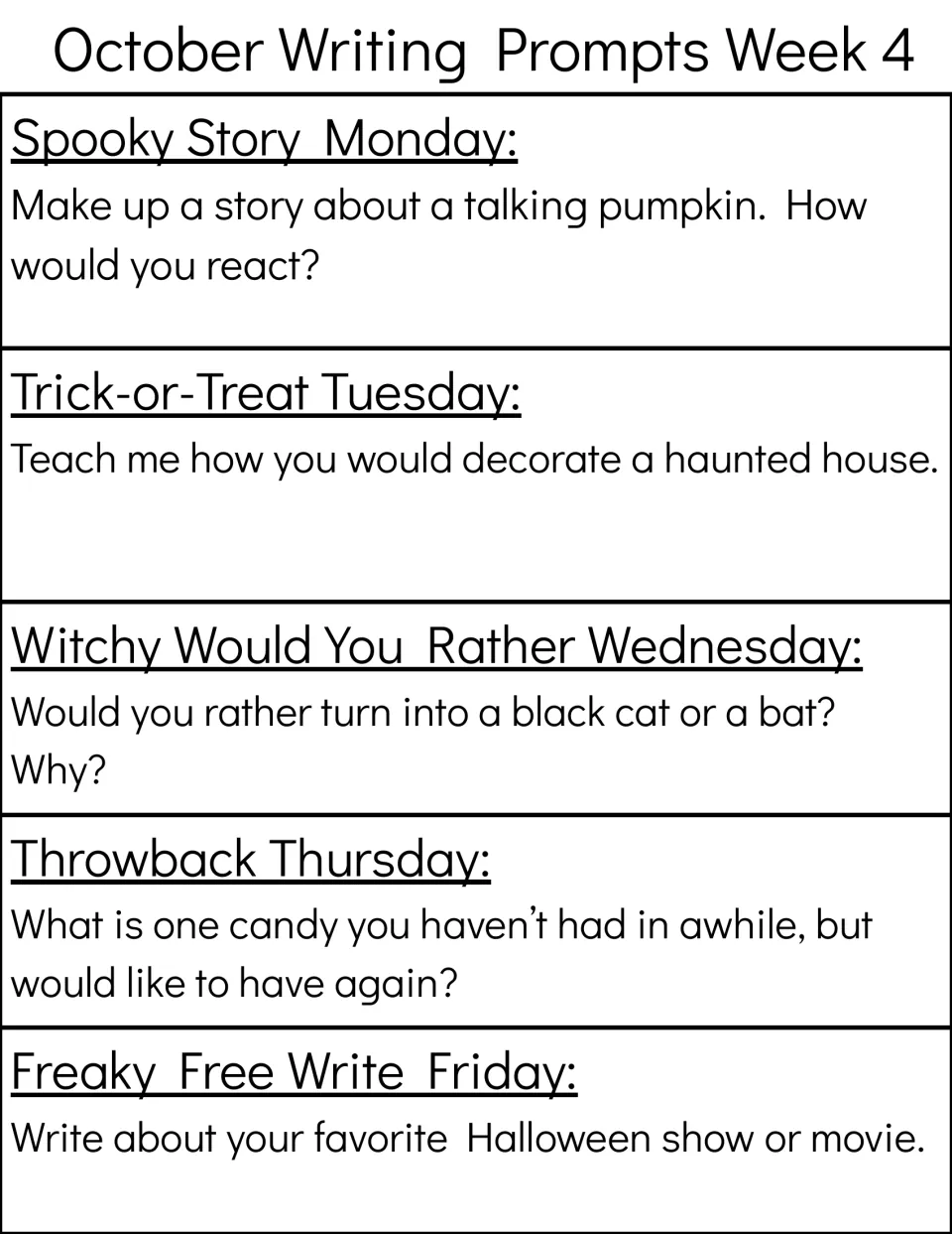 Week 4 prompts: students tell a talking pumpkin story, explain decorating a haunted house and decide: black cat or bat
