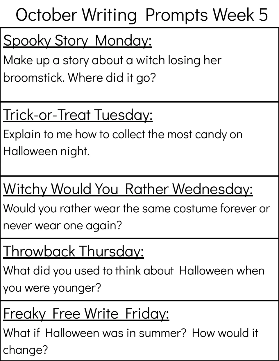 Week 5 prompts: students write about a witch's lost broomstick, tips for collecting candy and Halloween moved to summer