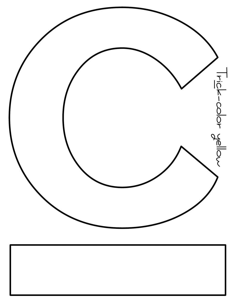 Outline of a large capital C plus a long bar for the letter I, both cut-out letters for Trick on yellow paper