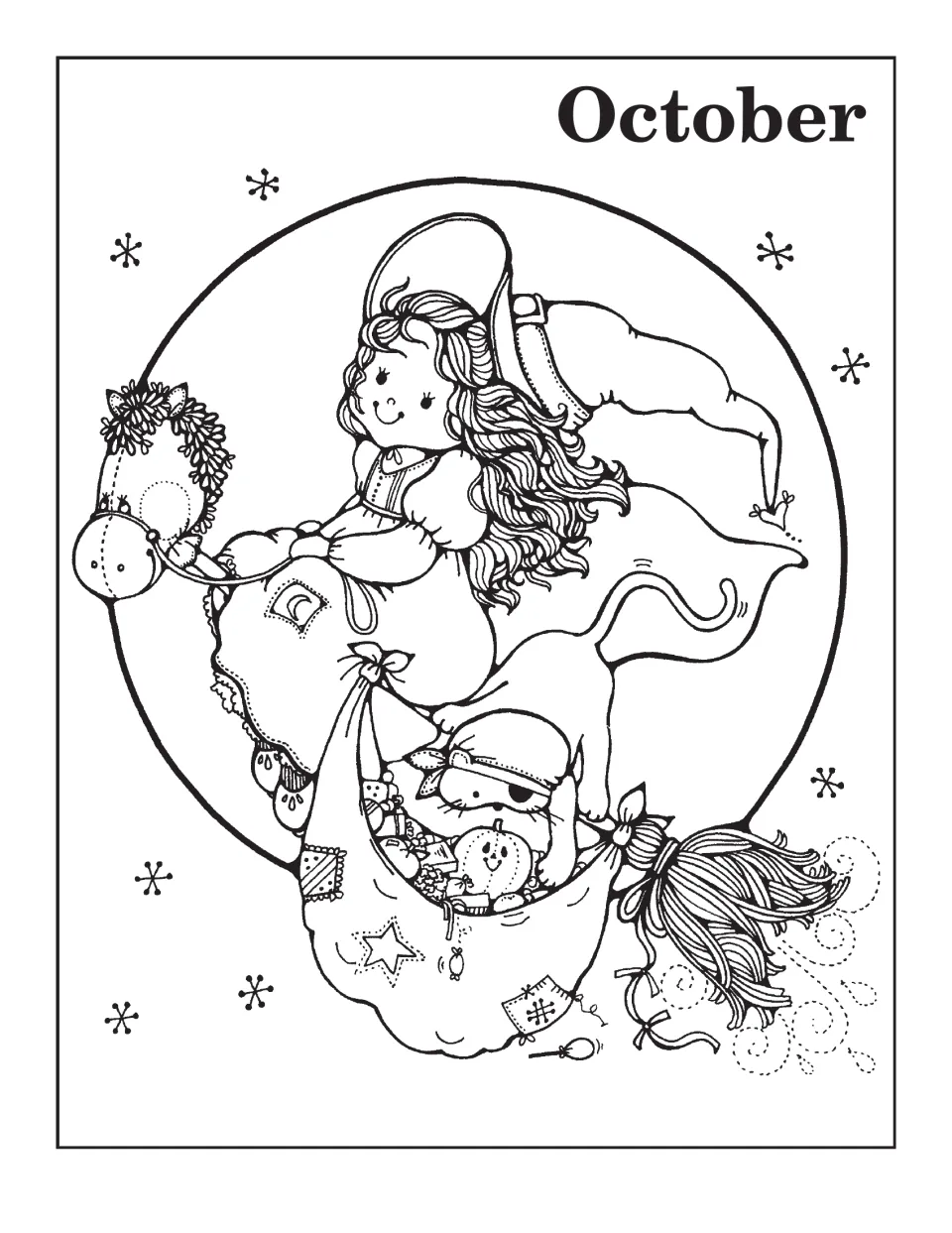 October line drawing: a girl in a witch hat rides a broom past a full moon, a cat and a sack of treats behind her
