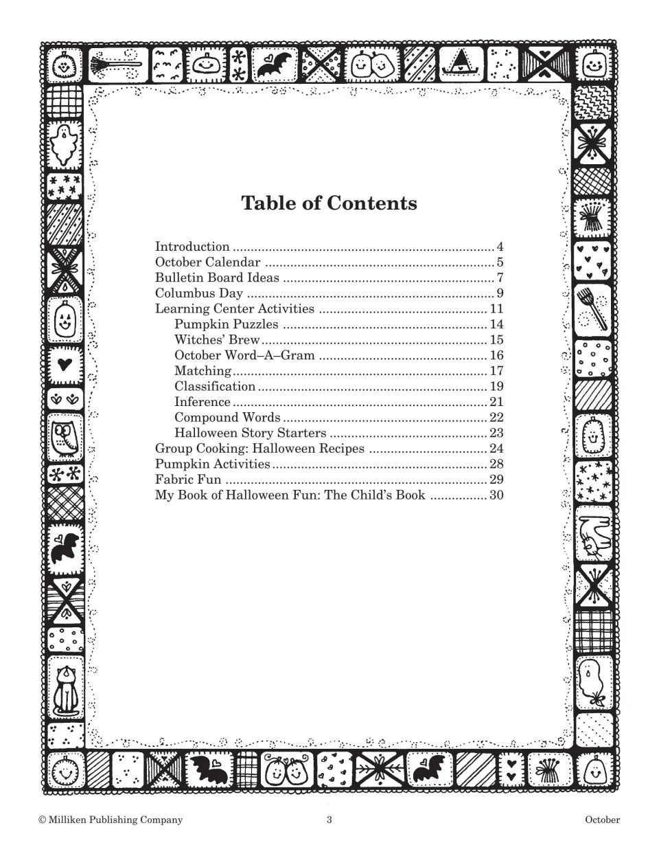 Table of contents listing the calendar, bulletin boards, Columbus Day, learning centers, recipes and the child's book