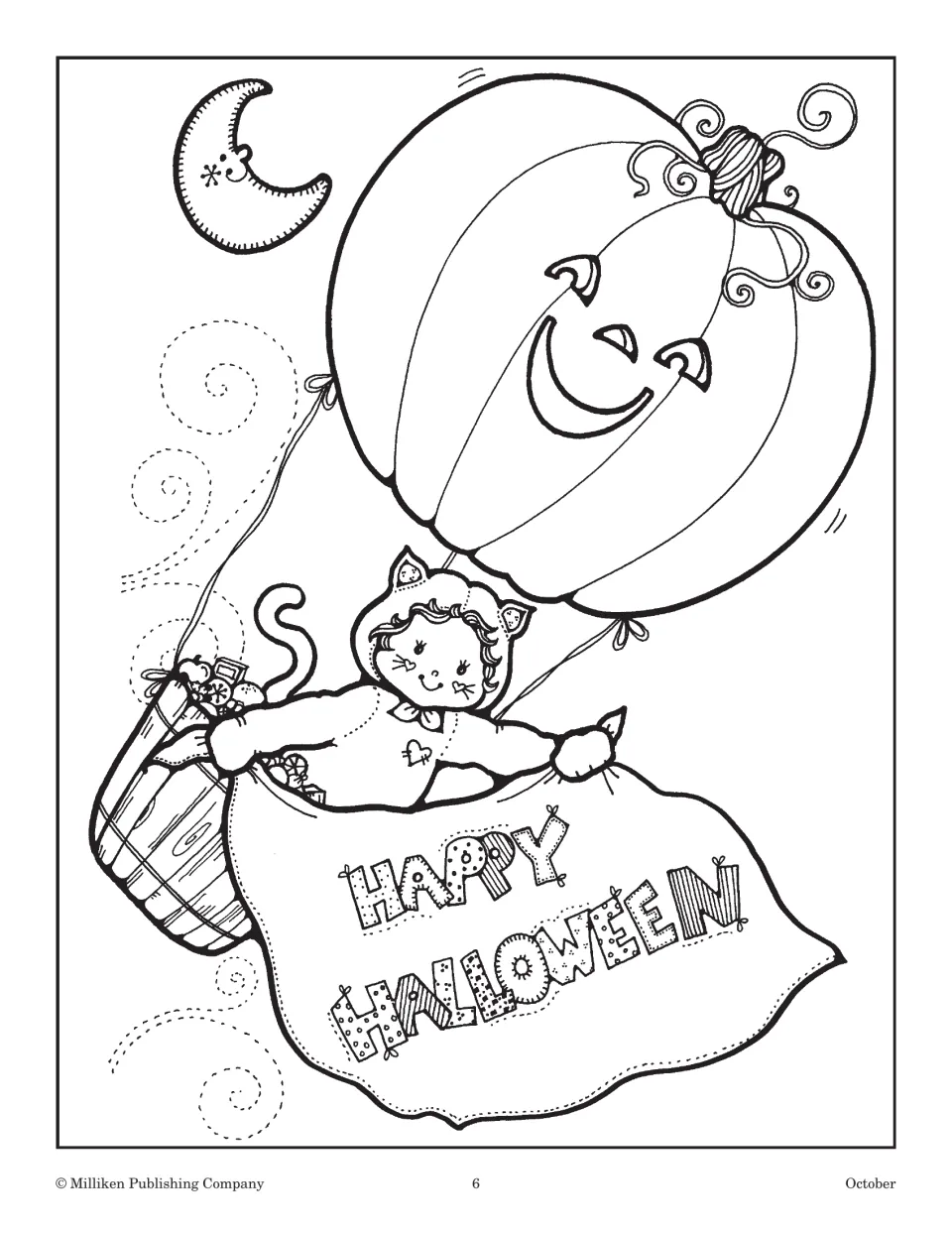 Happy Halloween drawing of a child in a cat costume riding a jack-o'-lantern hot-air balloon under a crescent moon