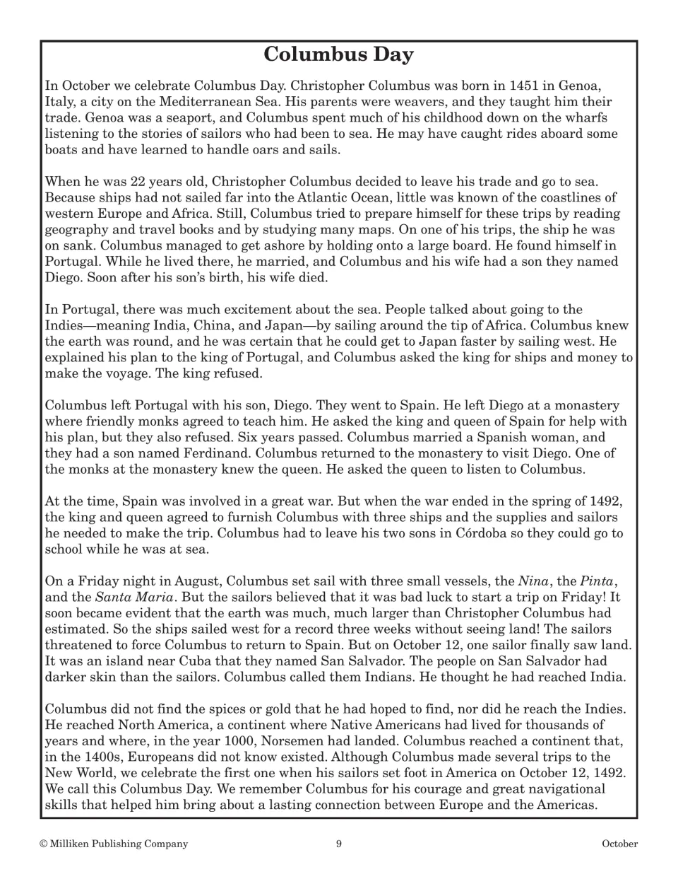 Columbus Day reading passage on Columbus's early life, his search for support, and the 1492 voyage to San Salvador