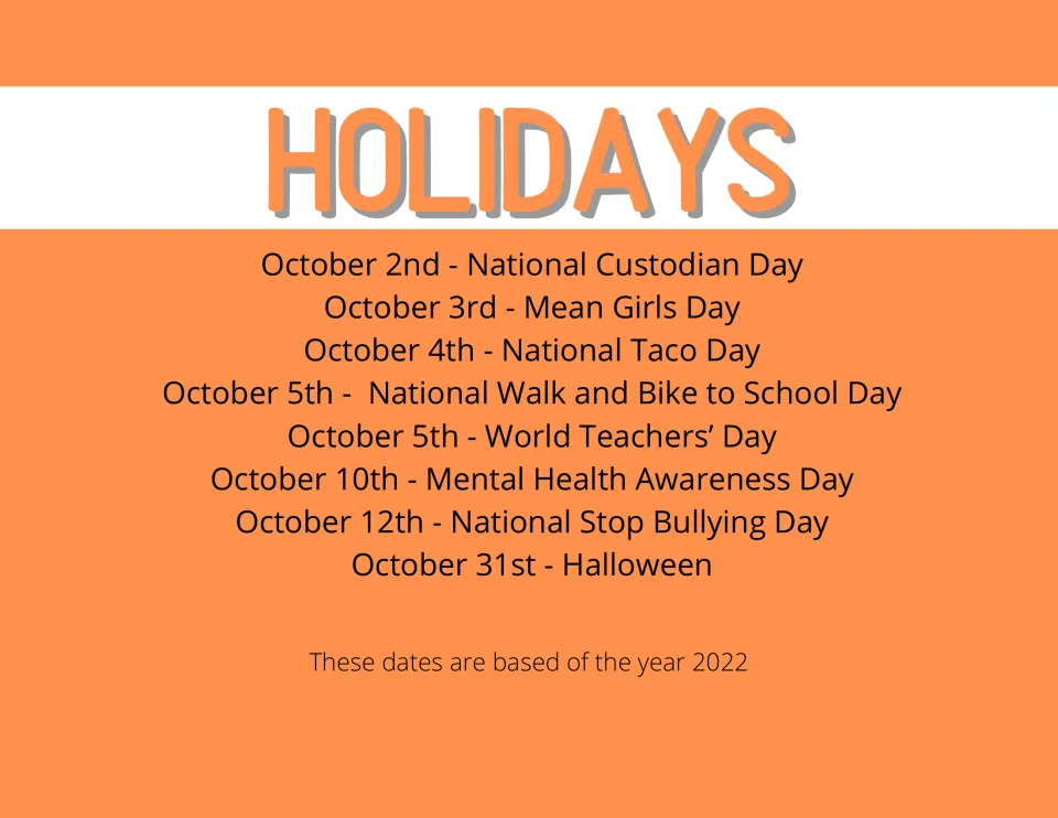 October holidays list: Custodian Day, Taco Day, World Teachers' Day, Stop Bullying Day and Halloween, dated for 2022