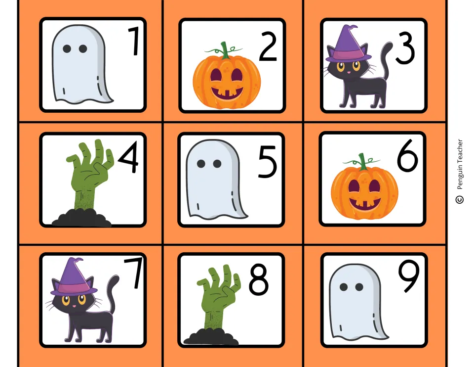 Halloween calendar date cards 1 to 9, each with a ghost, jack-o'-lantern, black cat in a witch hat or zombie hand