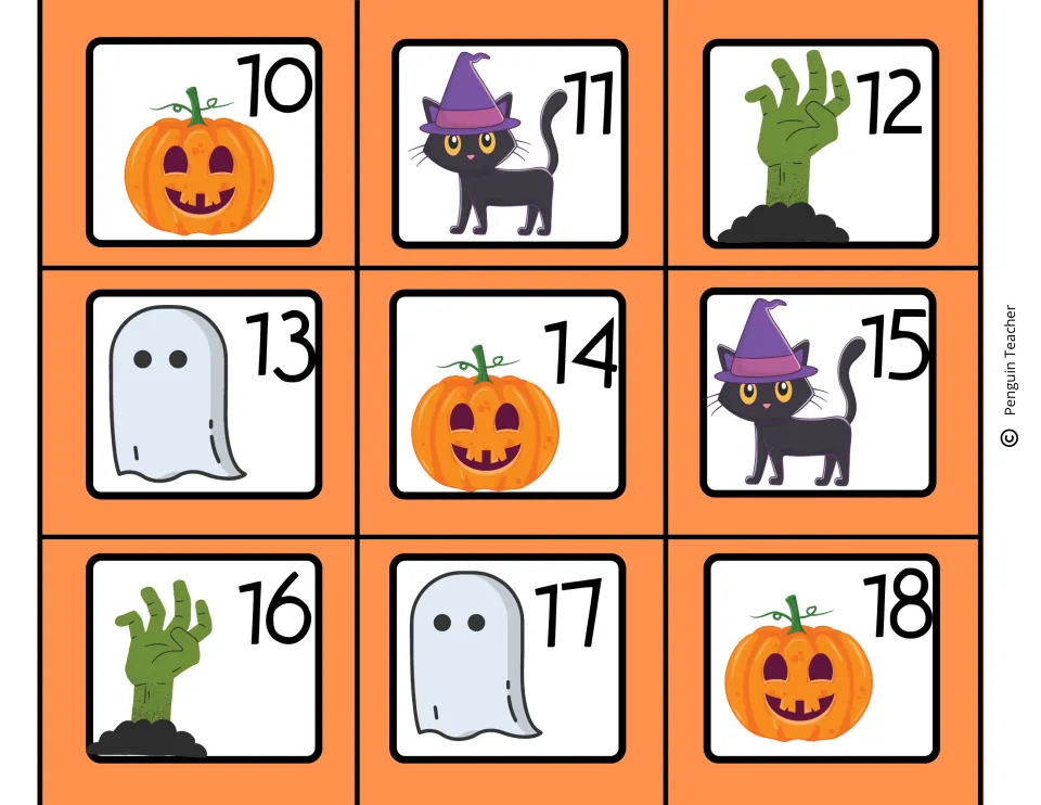Halloween date cards 10 to 18 repeating the pumpkin, witch-hat cat, zombie hand and ghost pictures for mid-October