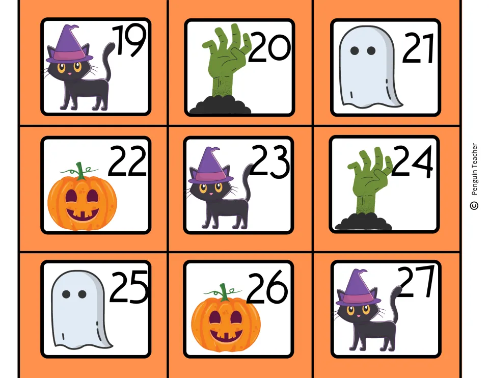 Halloween date cards 19 to 27 showing a black cat in a witch hat, zombie hand, ghost or jack-o'-lantern beside each number