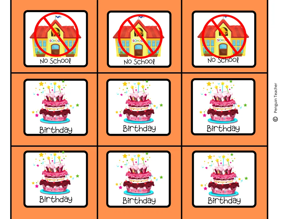 Special-day markers: three No School pieces showing a red no symbol over a building, plus six Birthday cakes with candles