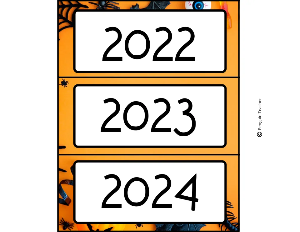 Year labels 2022, 2023 and 2024 in large numerals on an orange background with spiders, bats and a plastic eyeball