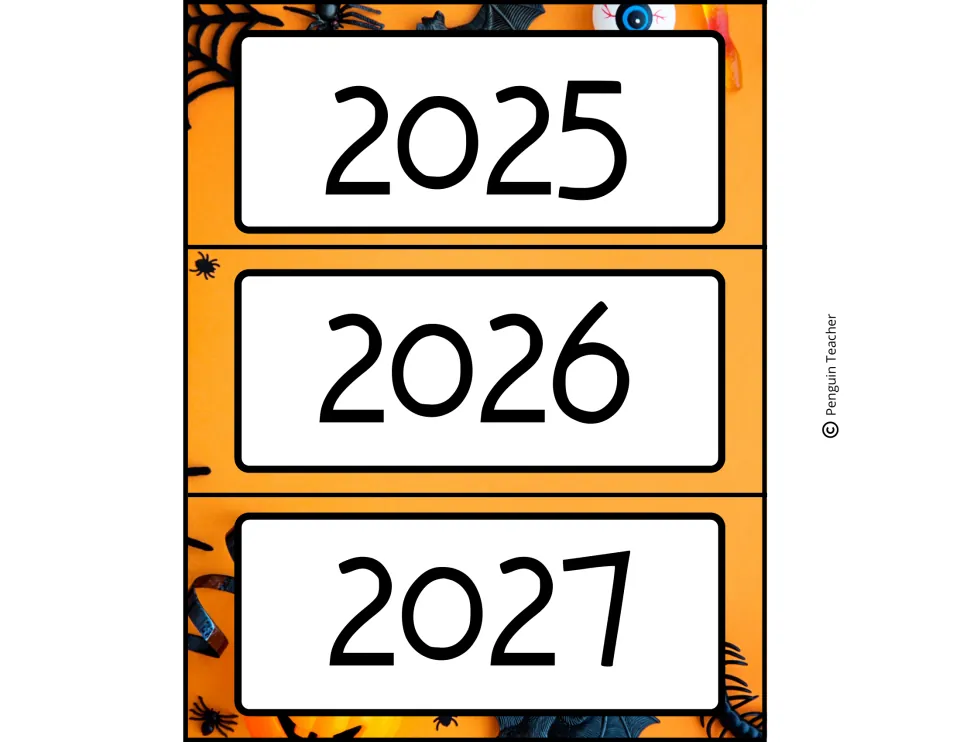 Year labels 2025, 2026 and 2027 set on a Halloween photo background of plastic spiders, bats and an eyeball