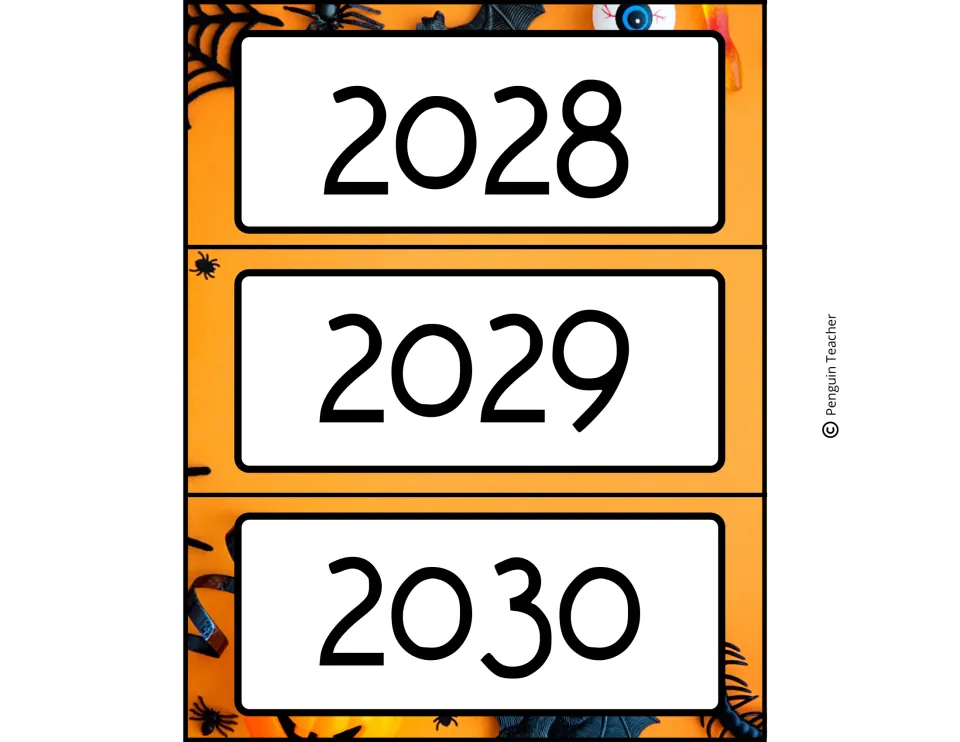 Year labels 2028, 2029 and 2030 in bold numerals over an orange backdrop scattered with toy spiders and bats