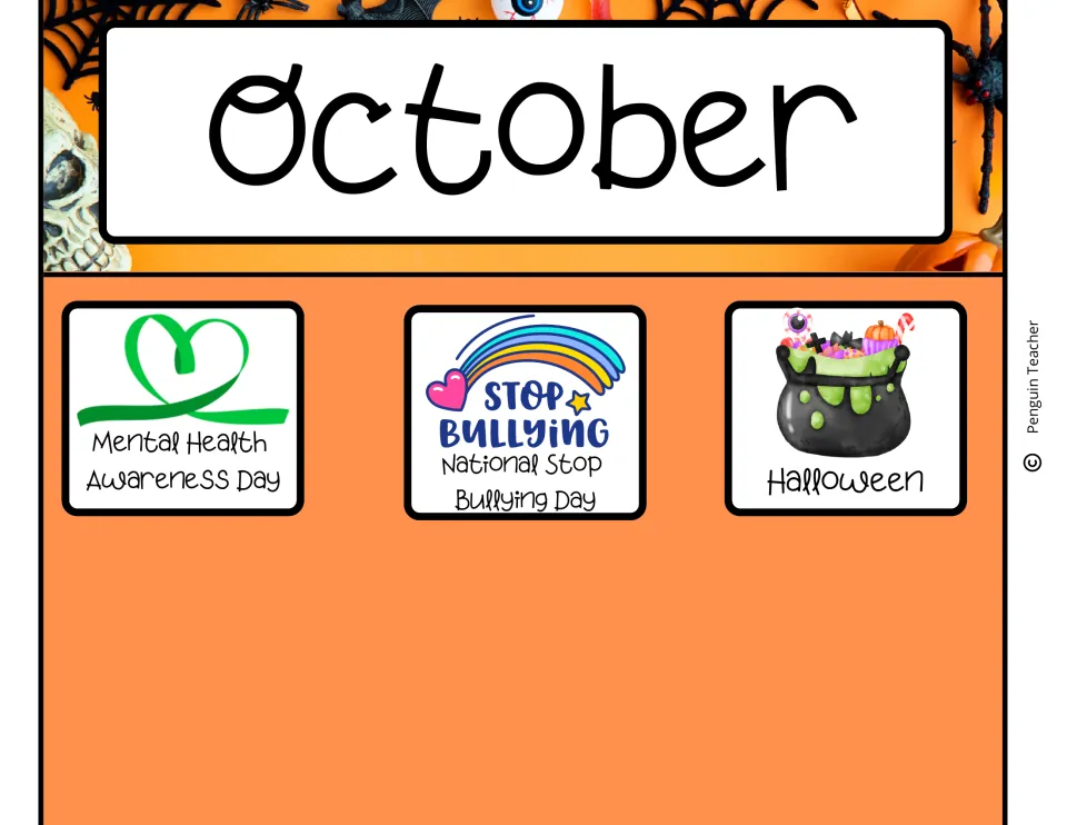 October header over a skull and spiderweb photo, with Mental Health Awareness Day, Stop Bullying Day and Halloween cards