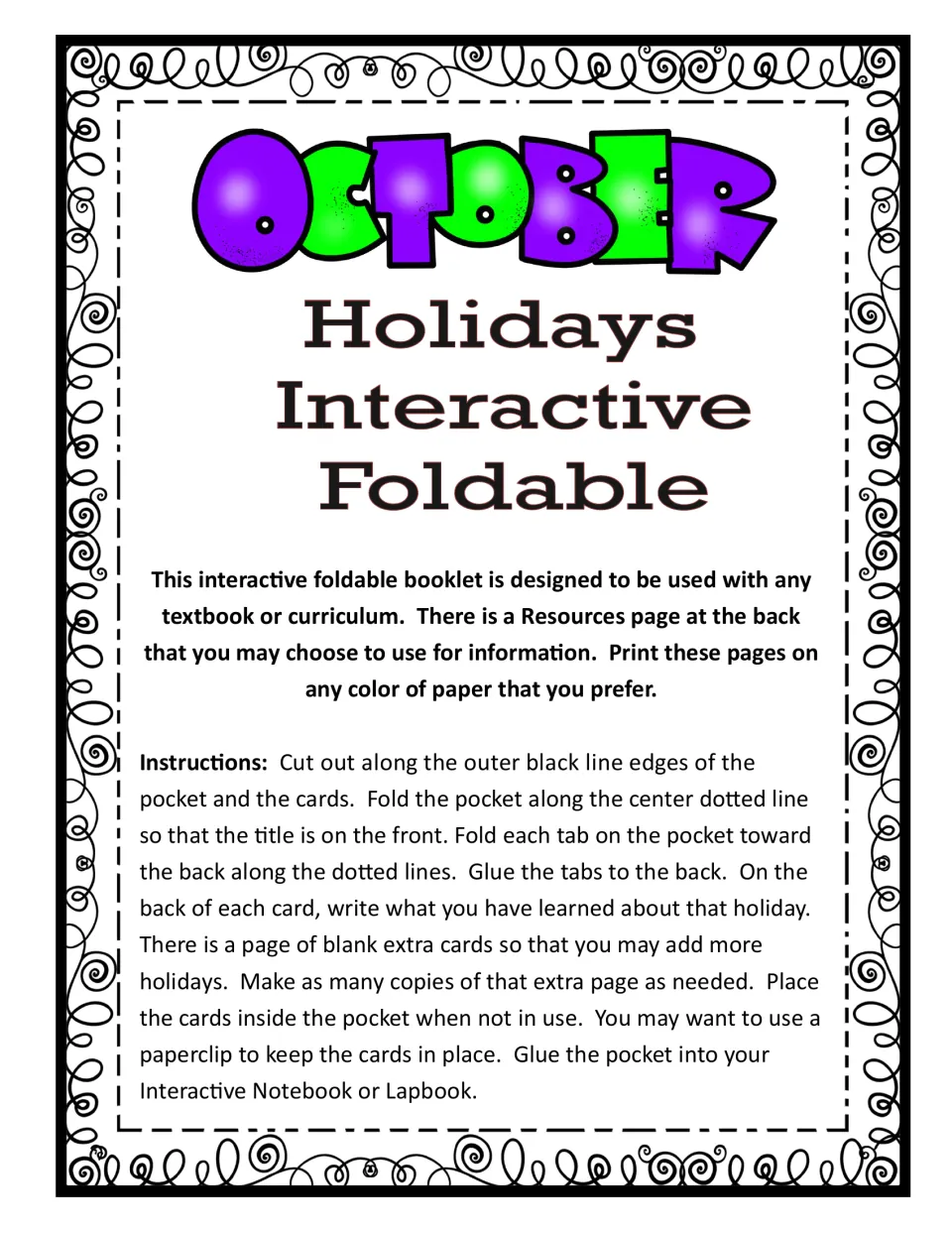 Directions page: cut out and fold the pocket, write what you learned on each holiday card back, glue into a notebook