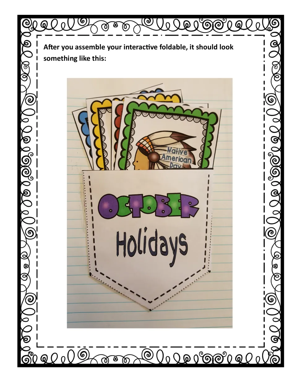 Sample of the assembled project: an 'October Holidays' pocket on notebook paper holding the holiday cards
