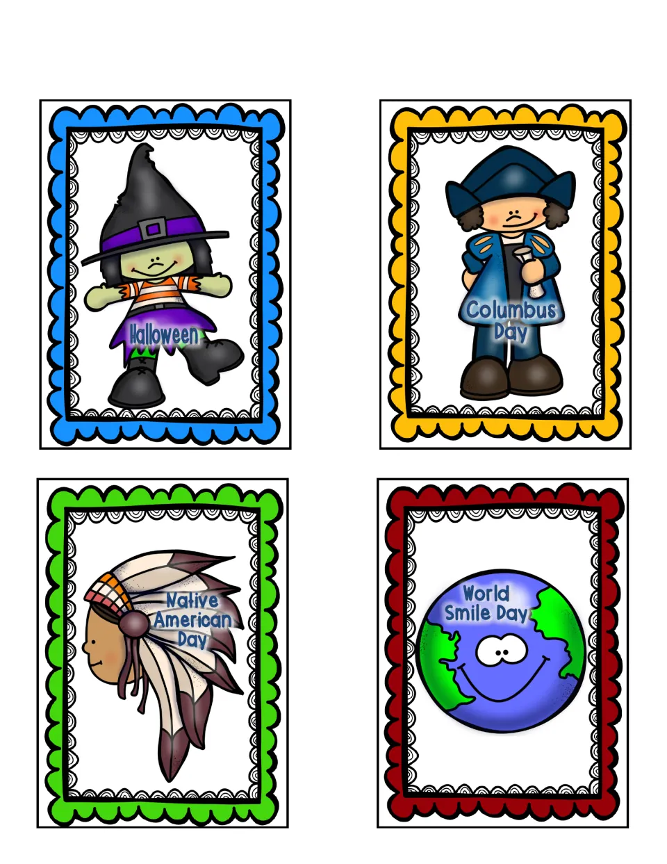 Holiday cards 1–4: Halloween, Columbus Day, Native American Day and World Smile Day, each with a picture