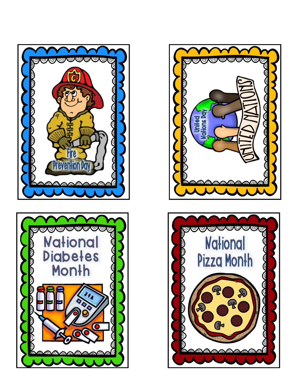Holiday cards 5–8: Fire Prevention Day, United Nations Day, National Diabetes Month and National Pizza Month