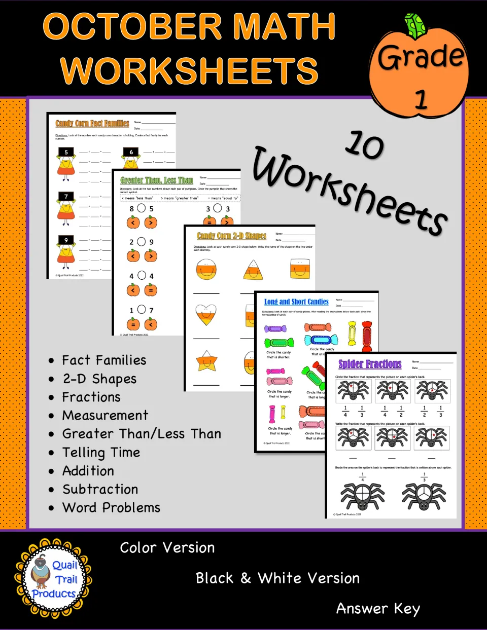 October Math Worksheets cover: 10 Grade 1 pages on fact families, shapes, fractions, time, measurement and word problems