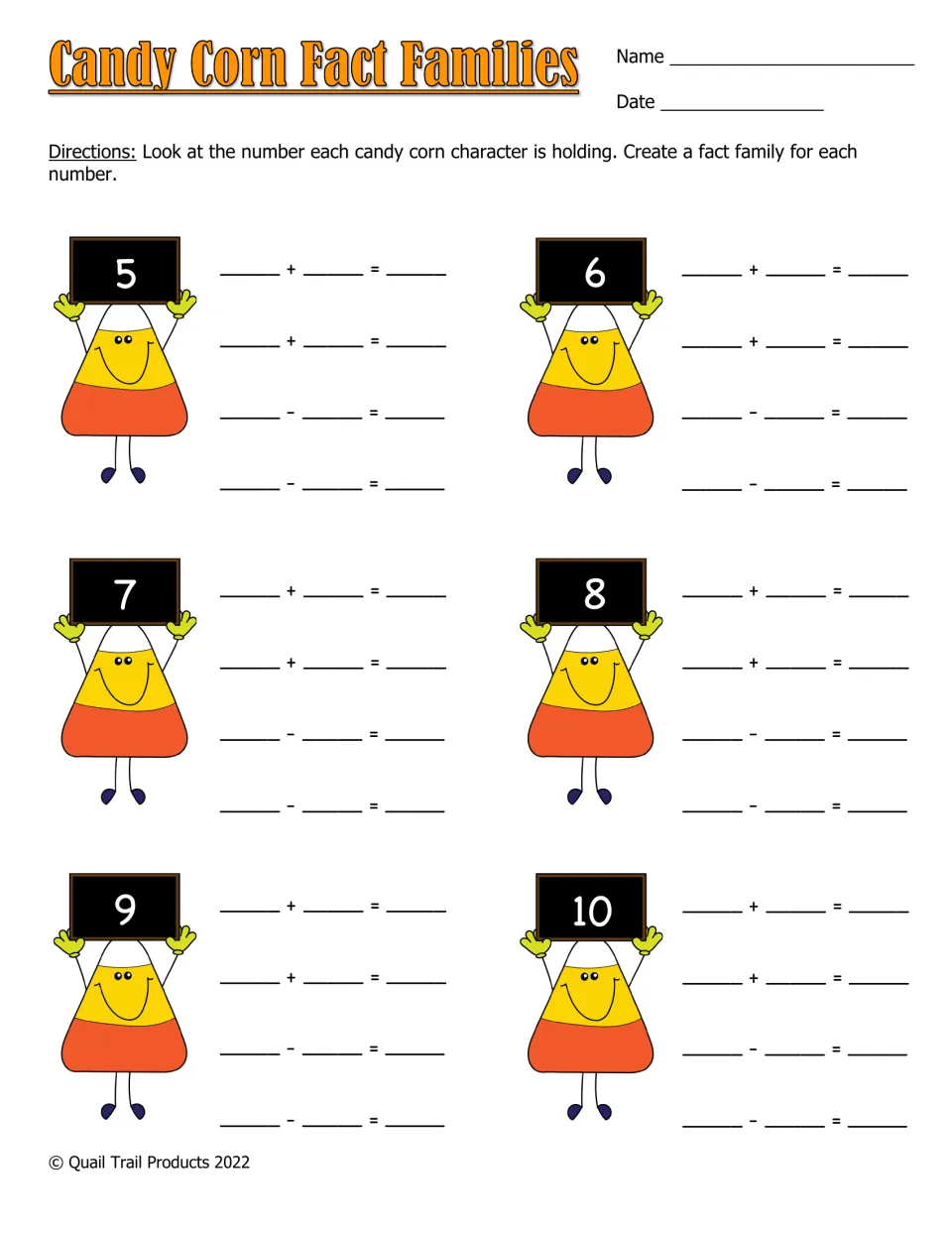 Candy Corn Fact Families: students write two addition and two subtraction facts for each number from 5 to 10