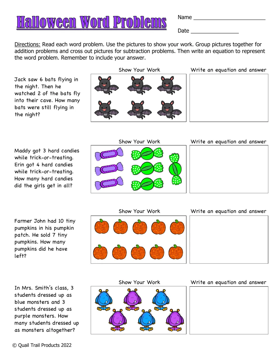 Halloween Word Problems: students solve 4 bat, candy, pumpkin and monster stories by grouping or crossing out pictures