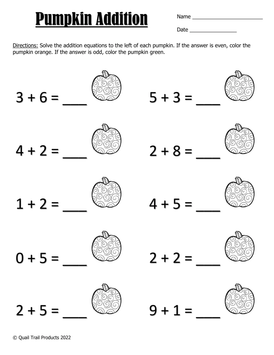 Pumpkin Addition: students solve 10 sums within 10, then color each pumpkin orange if even or green if odd