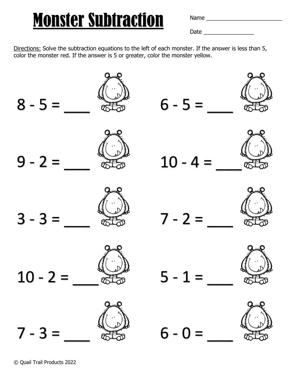Monster Subtraction: students solve 10 differences within 10, coloring monsters red if under 5 or yellow if 5 or more