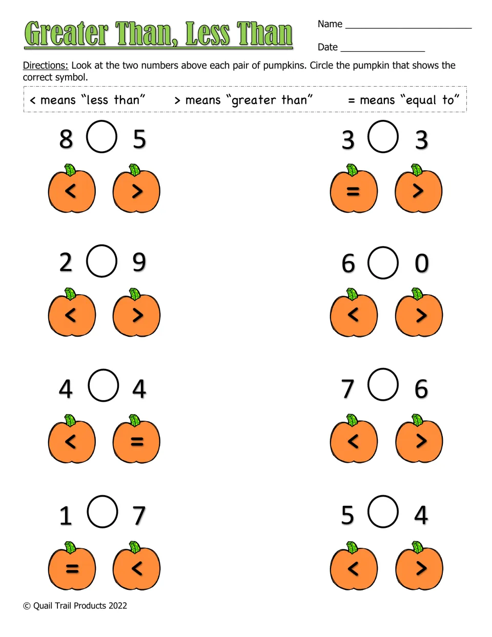 Greater Than, Less Than: students compare 8 number pairs and circle the pumpkin showing the <, > or = symbol