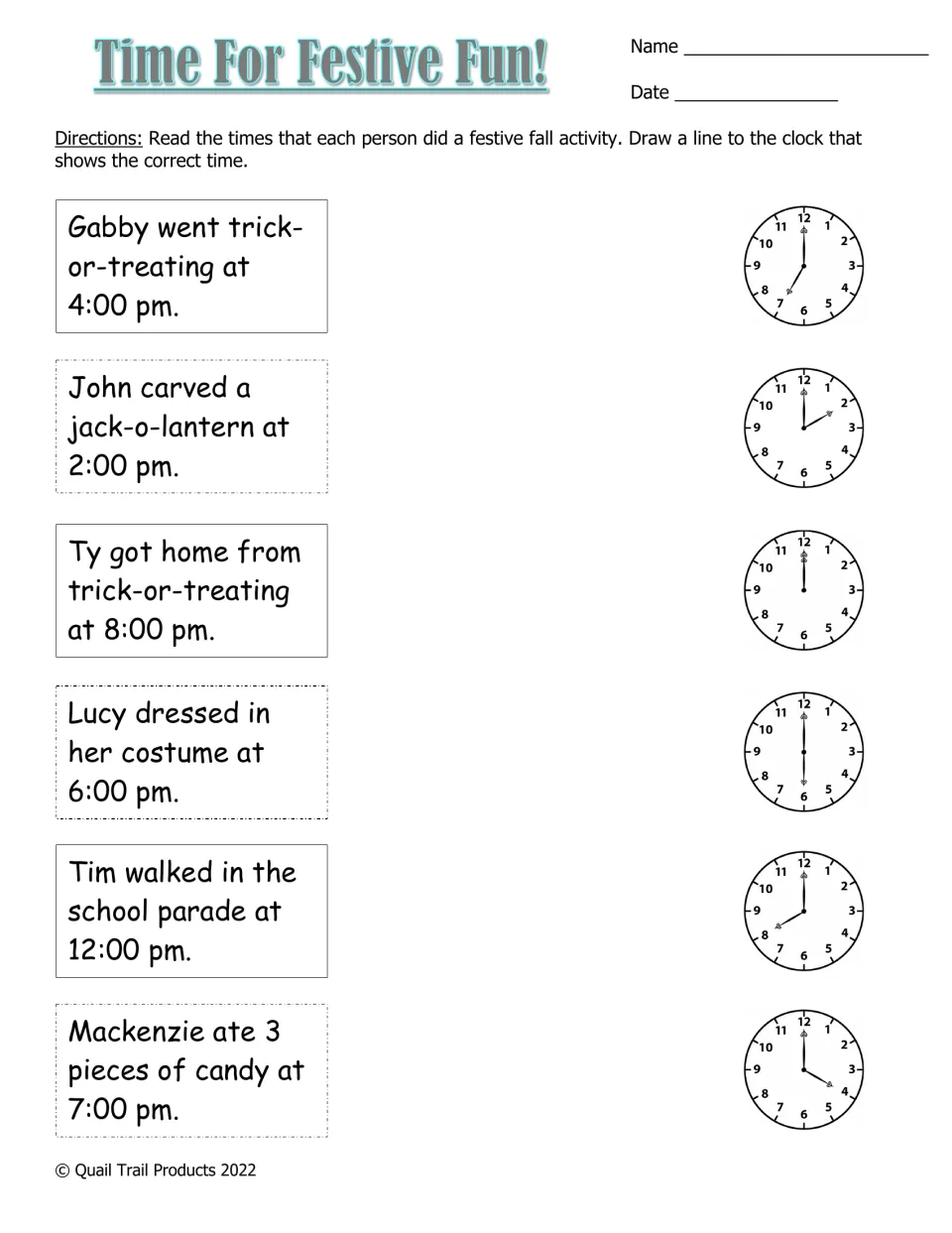 Time For Festive Fun!: students match 6 fall activity times to analog clocks showing time to the hour