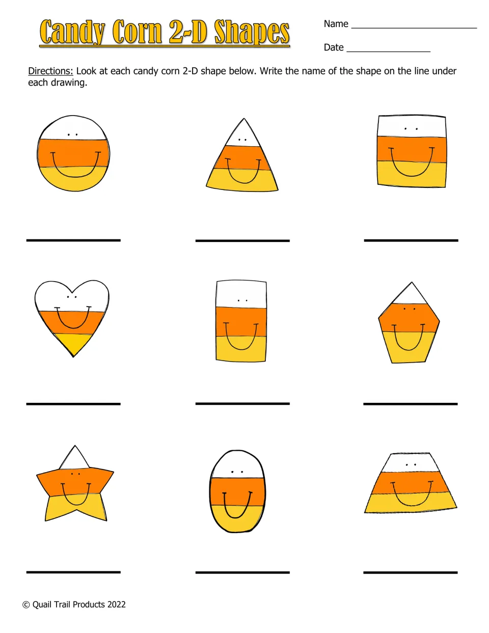 Candy Corn 2-D Shapes: students name 9 candy corn drawings such as circle, heart, star, pentagon and trapezoid