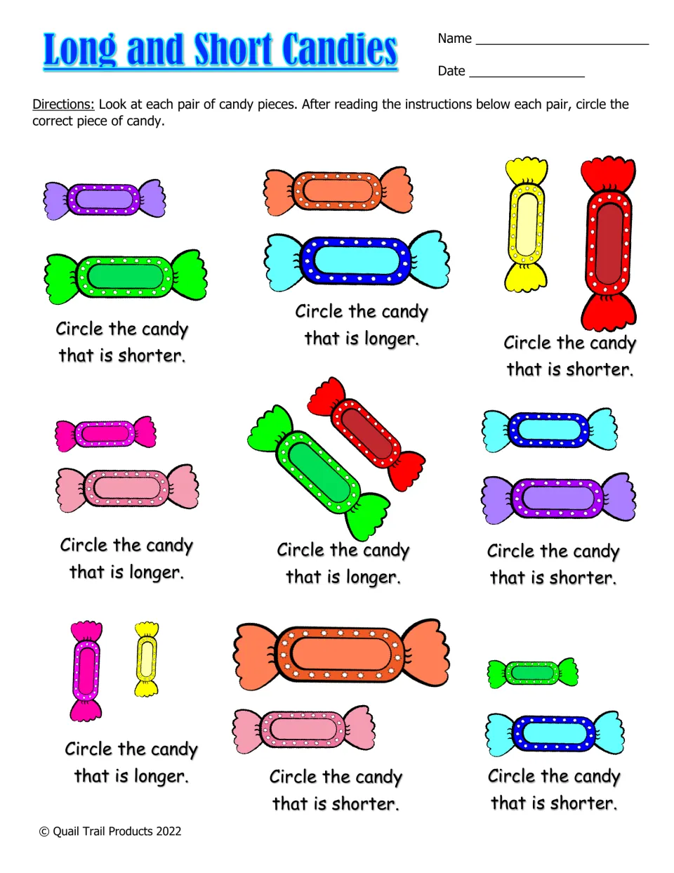 Long and Short Candies: students compare lengths in 9 pairs of wrapped candies and circle the longer or shorter piece
