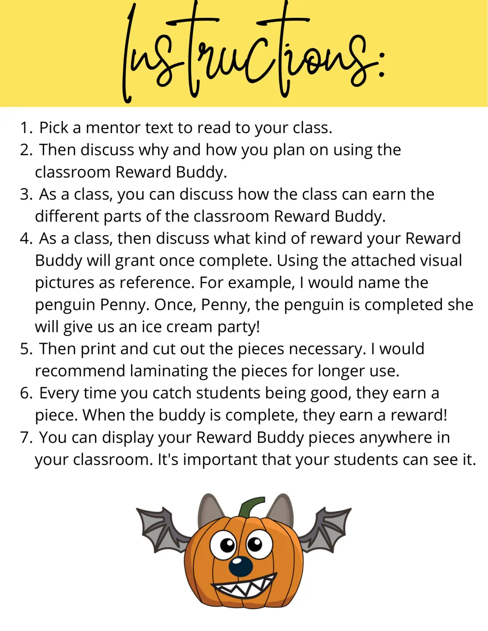 Reward Buddy instructions: introduce the system, choose a class reward, and earn pieces for good behavior
