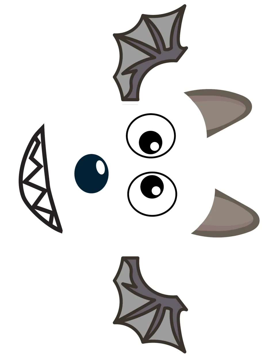 Eight Reward Buddy cutout features: two bat wings, two ears, two eyes, a nose, and a toothy mouth