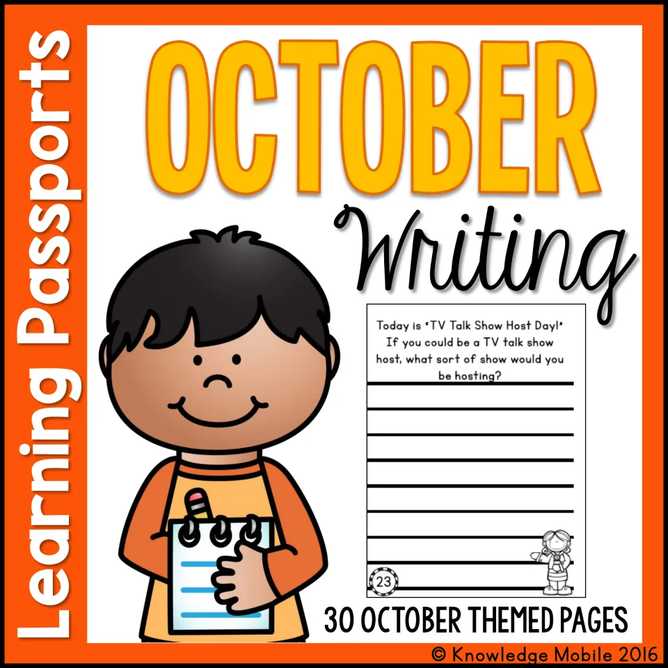 October Writing Learning Passports cover with a sample 'TV Talk Show Host Day' prompt page; 30 October themed pages