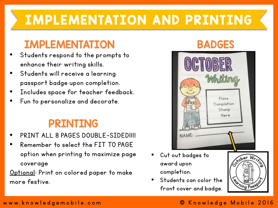 Implementation and printing guide: print all 8 pages double-sided, use Fit to Page, and cut out badges to award
