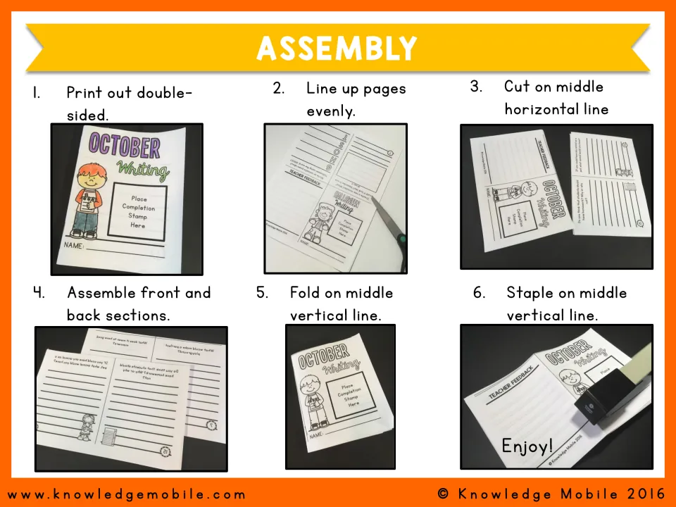 Assembly steps 1–6 with photos: print double-sided, line up, cut, assemble, fold, and staple on the middle line