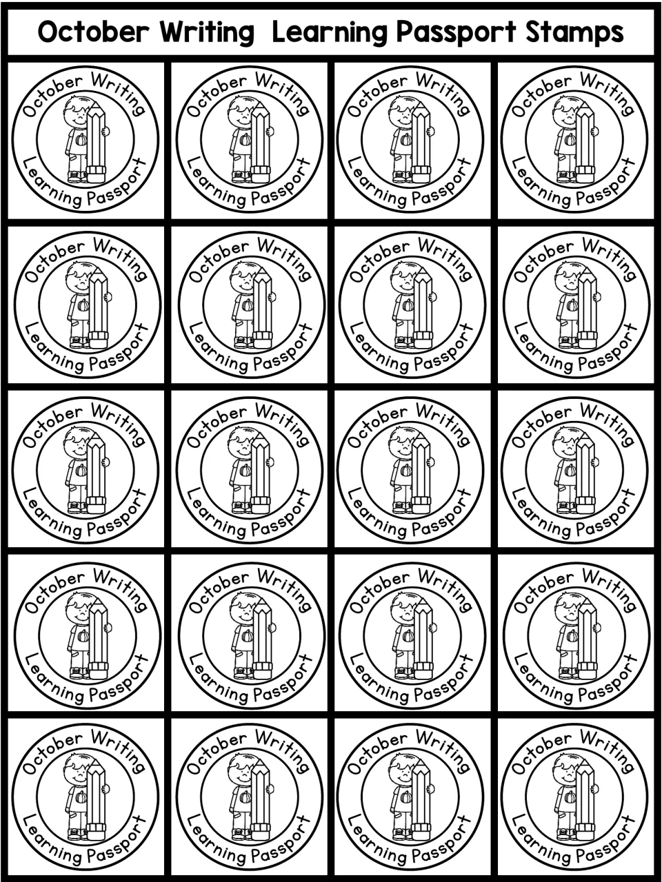 Sheet of 20 'October Writing Learning Passport' completion badges to cut out and award when the passport is done