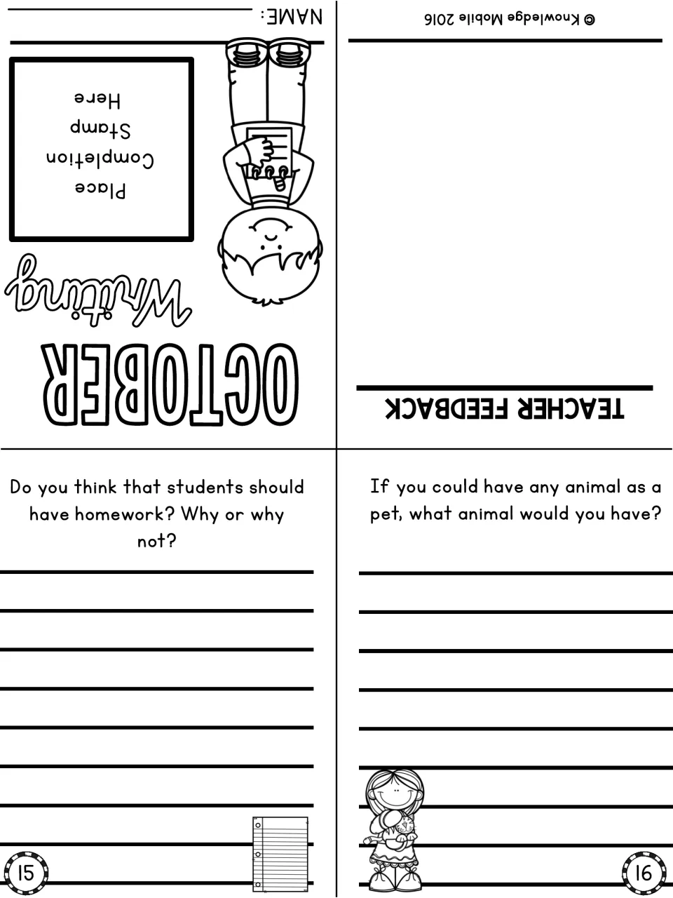 Booklet sheet: front cover with stamp box, teacher feedback page, prompt 15 on homework and prompt 16 on pets