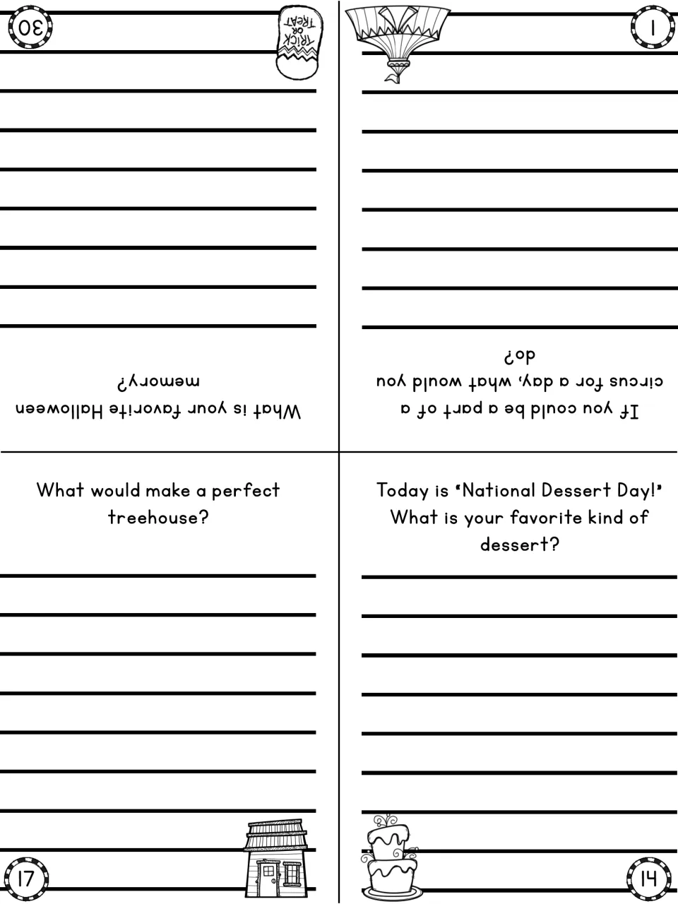 Prompts 1 (circus for a day), 14 (National Dessert Day), 17 (perfect treehouse) and 30 (favorite Halloween memory)