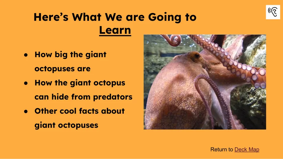 Learning preview introduces giant octopus size, hiding from predators, and other facts about the animal