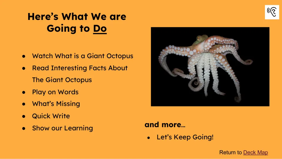 Activity preview lists watching, reading octopus facts, Play on Words, What’s Missing, and writing tasks