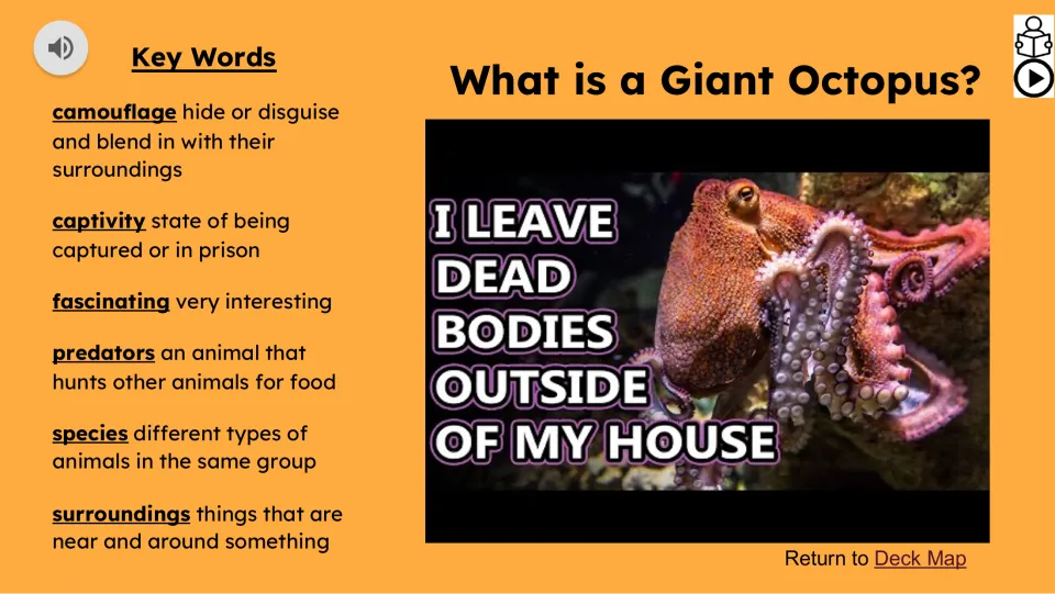 Vocabulary and video slide defines camouflage, captivity, fascinating, predators, species, and surroundings