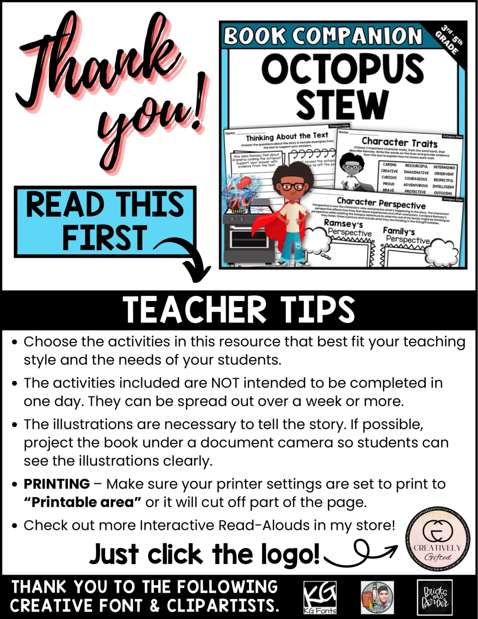 Teacher tips for the book companion explain activity pacing, showing illustrations, and printer settings.