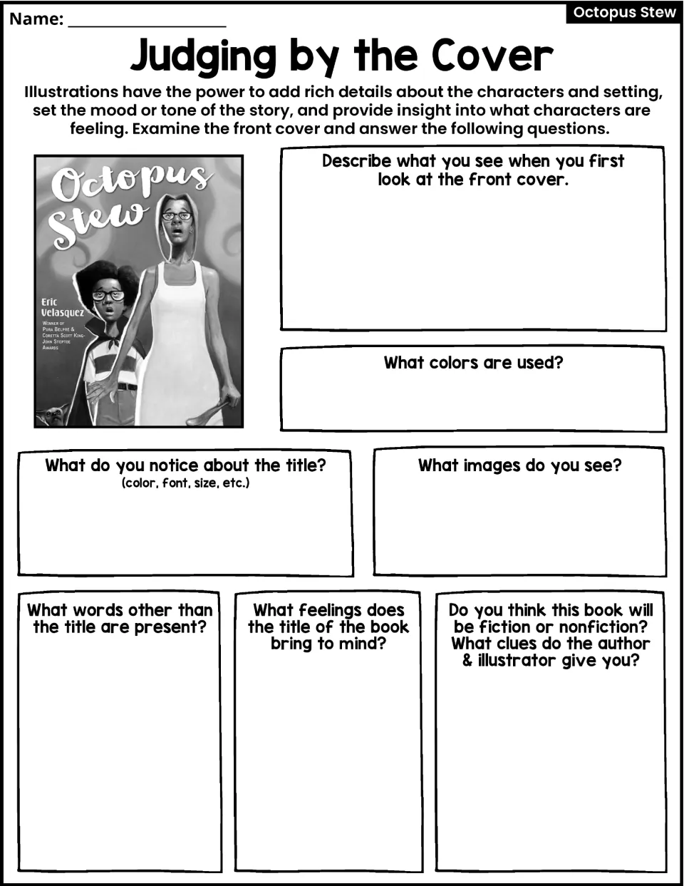 Judging by the Cover activity asks about colors, title, images, feelings, and clues to fiction or nonfiction.