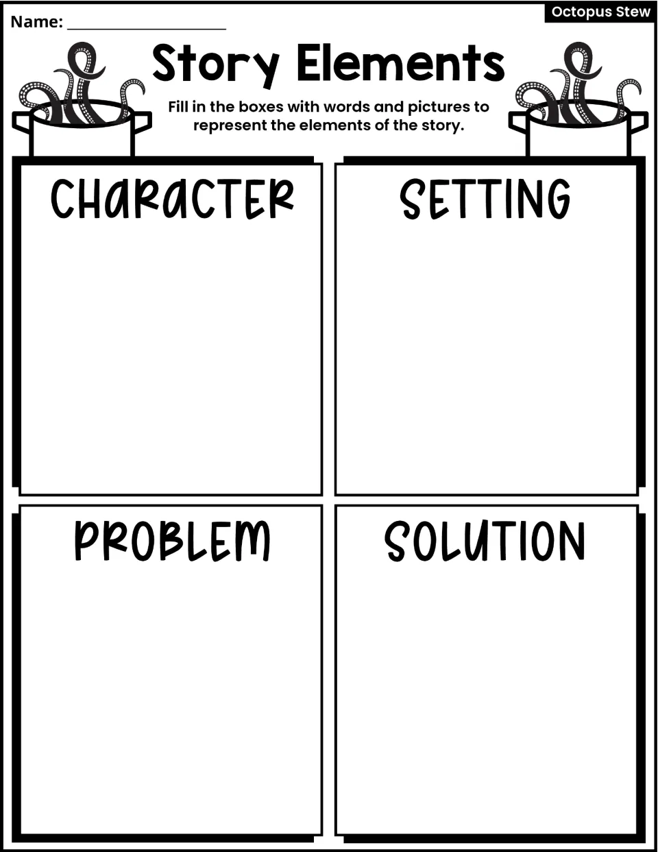 Story Elements activity asks students to represent character, setting, problem, and solution in words and pictures.