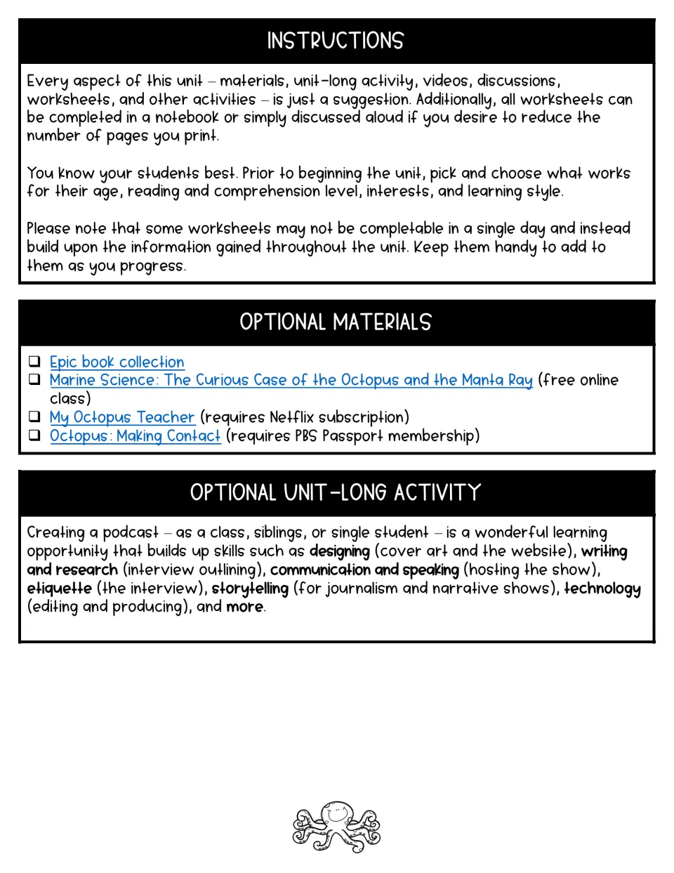 Octopus unit instructions explain flexible worksheet use, optional materials, and a unit-long podcast project